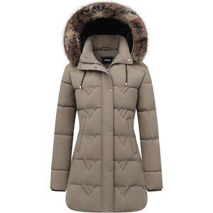 Women's Green Waterproof Winter Coat, Long Insulated Parka with Detachable Hood